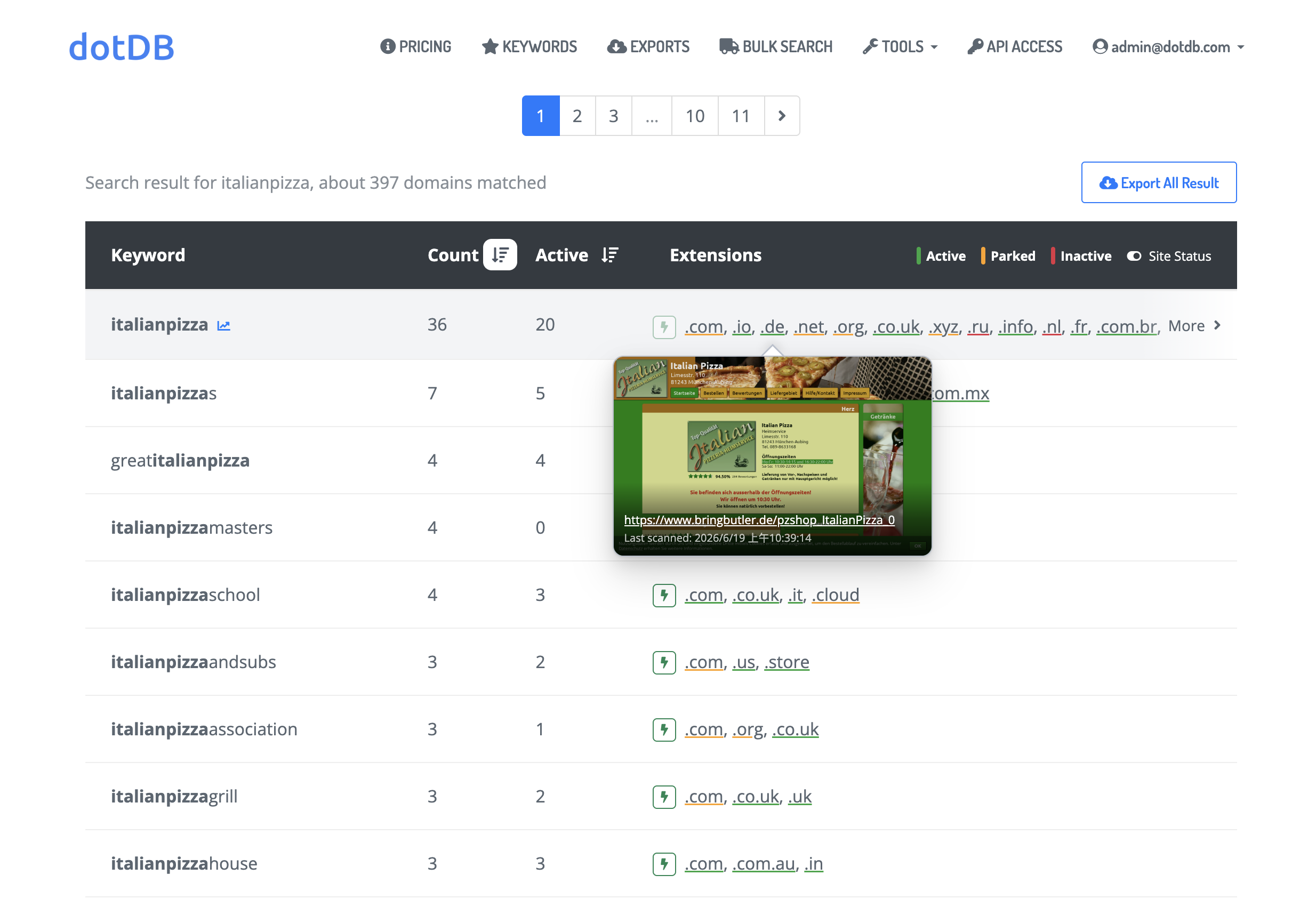 dotDB Live Scan website snapshot preview in search results
